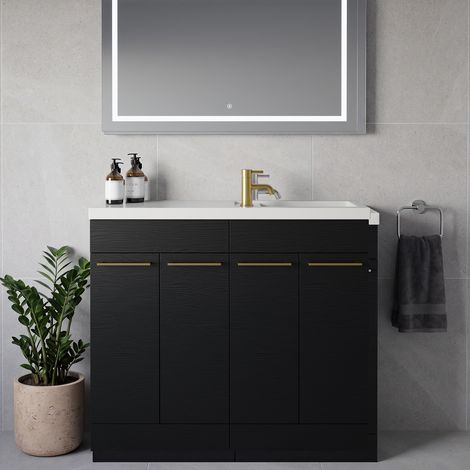 Napoli 250 Nero Oak 1000mm 4 Door Vanity Unit with Square Silvo Basin - 1000mm - Brushed Brass 160mm Handle
