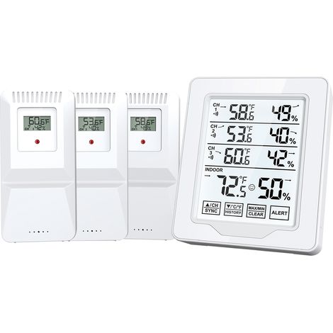 Digitales Thermometer und Hygrometer für den Innenbereich mit 3 drahtlosen Sensoren, 150 m Reichweite, weiß hinterleuchtetem HTN-Display und Temperaturalarm
