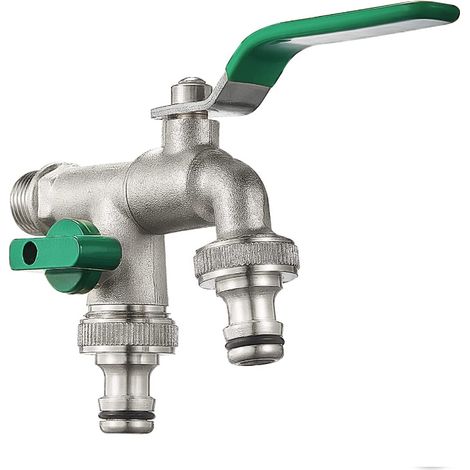 Grifo de jardín de latón de doble salida de 1/2" a 3/4" - Conector doble y extremo de manguera - Apto para jardín, hogar e industria (1/5)