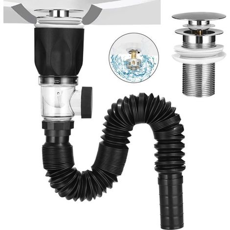 Kit de Bonde de Lavabo, Siphon Lavabo Avec Pop-Up Bouchon de Vidange de Filtre et Tuyau de Vidange Flexible, Rétractable 300-1000mm, Pour Bain et , Résistant Aux Odeurs Et Aux Insectes (1/5)
