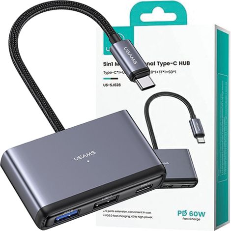Usams Adapter HUB 5in1 USB 2.0/USB 3.0/USB-C/TF/SD grau/dunkelgrau SJ628HUB01 (US-SJ628) (1/5)
