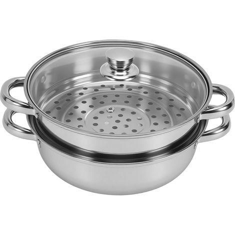 Cuit-vapeur multifonction à 2 niveaux en acier inoxydable avec couvercle et poignée pour cuire à la vapeur les légumes et les boulettes de viande. (1/5)