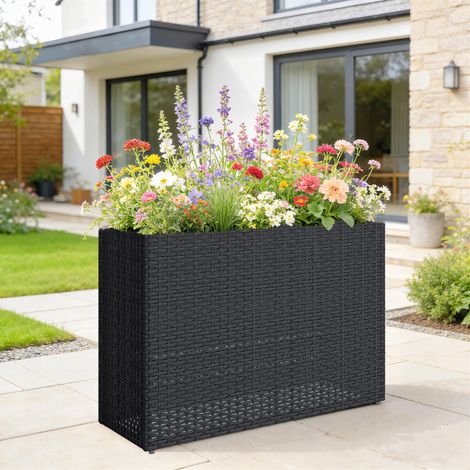 Jardinière surélevée en résine tressée cadre en acier noir support de fleurs avec bac amovible et pieds réglables design moderne
