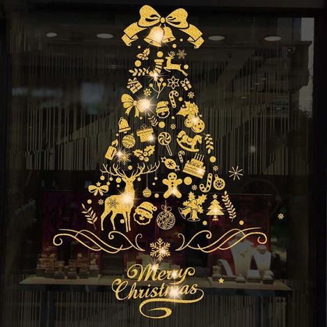 Weihnachtsdekorationen für Fenster, wiederverwendbare Aufkleber mit goldenen Weihnachtsbaum-Motiven (1/2)
