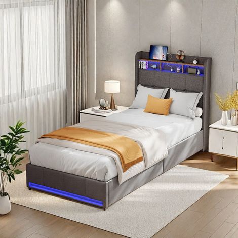 Lit simple avec 2 tiroirs 90 x 200 cm–Lit enfant 90 x 200 cm–Tête de lit rembourrée avec rangement–Bande lumineuse LED–Prises USB et Type-C–Lin gris (1/5)