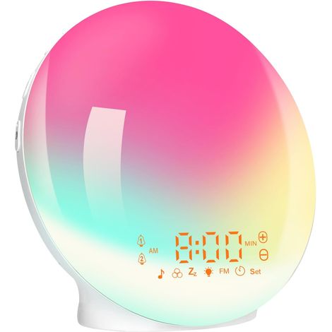 Despertador con luz, despertador con luz para simular el amanecer y el atardecer, despertador infantil con doble alarma y función de repetición, despertador con luz de 11 colores, 7 sonidos naturales, (1/5)