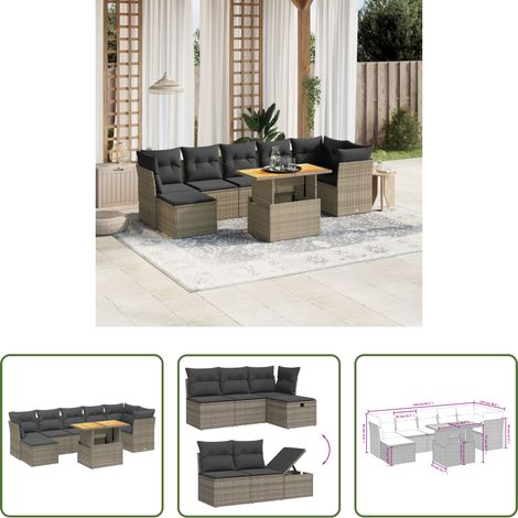 vidaXL Gartentisch mit Bezug - 8-tlg. Garten-Sofagarnitur mit Kissen Grau Poly Rattan (1/5)