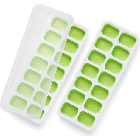 Lot de 2 bacs à glaçons en silicone souple avec couvercles anti-déversement, sans BPA, pour fêtes, cocktails et boissons glacées (vert) (1/5)