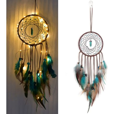 Attrape-rêves mural traditionnel fait main en plumes avec lumière décorative