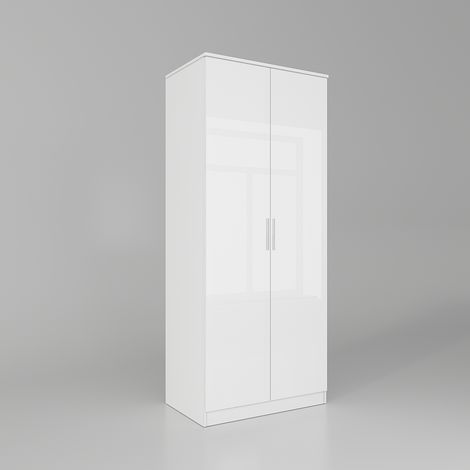 ELEGANT Wardrobe Storage 2 Doors White High Gloss Include Metal Handles and Removable Hanging Rod