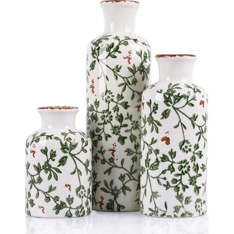 Lot de 3 vases de ferme en céramique pour décoration d'intérieur, de salon, d'étagère, de table à manger (vert et blanc) (1/5)