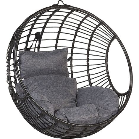 Beliani – Fauteuil suspendu en polyrotin noir avec coussin gris – Chaise balançoire pour intérieur et extérieur – Résistant aux UV – Largeur 99 cm