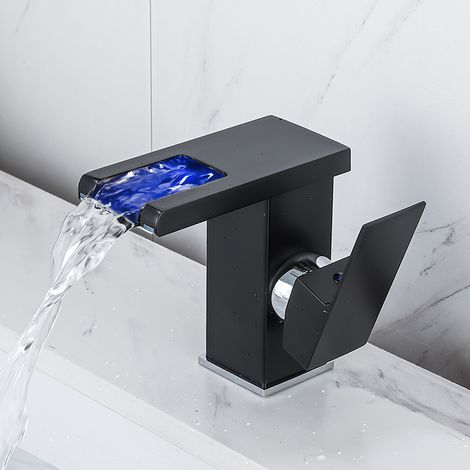 Robinet de lavabo cascade LED – Mitigeur eau chaude et froide avec 3 couleurs changeantes selon la température de l’eau (1/5)