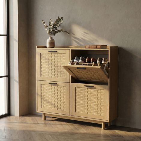 Meuble à chaussure 4 abattants, armoire à chaussures 100x24x95 cm, meuble entrée avec réglable amovibles, Bois et rotin simulé, Style naturel bohème, Chêne clair