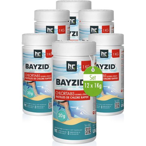 Höfer Chemie 12 x 1 kg BAYZID pastilles de chlore pour piscine 20 g HAUTEMENT EFFICACES rapidement solubles avec une teneur en chlore actif de 56 %