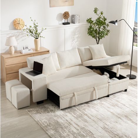 Divano letto angolare 231x131,5x84 cm in tessuto beige con USB e vano, per soggiorno – MEUBLIV (1/5)
