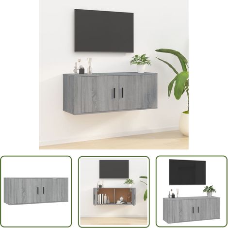 The Living Store TV-Wandschrank Grau Sonoma 100x34,5x40 cm - TV Schrank - Wandregal - Fernsehschrank - Regal Grau - Holzwolle (1/5)