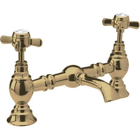 Traditional Bathroom Crosshead 2 Tap Hole Bridge Basin Mixer Tap - Brushed Brass (1/4)