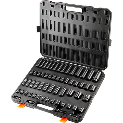 Jeu de douilles à choc 3/8" et 1/2", 59 pièces SAE 5/16" à 1-1/4" et métrique 6-32mm, acier chromé-molybdène, marquages lisibles, coffret robuste. (1/5)