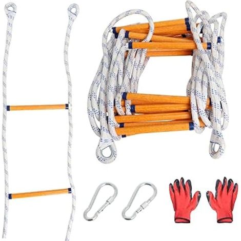Échelle à Corde de Secours 10m, Corde Échelle D'évacuation d'urgence avec Mousqueton et Gants pour Maison à 3-4 Étages, Balcon et Garde-Corps, Capacité de Poids Jusqu'à 300 kg par (1/5)