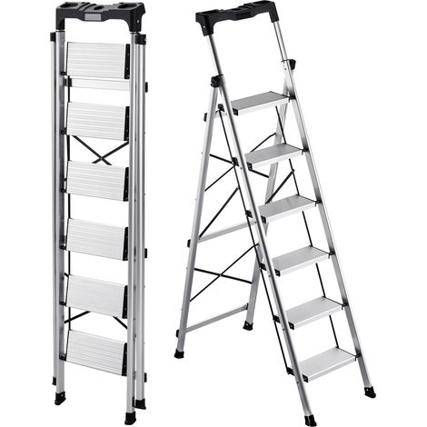 VEVOR Escabeau Pliant 6 Marches Marchepied Pliable Charge 150 kg Echelle Domestique Alliage deAluminium pour Travaux Menagers, Bricolage, avec Larges Marches Antiderapantes, Plateau a Outils, Argente (1/5)