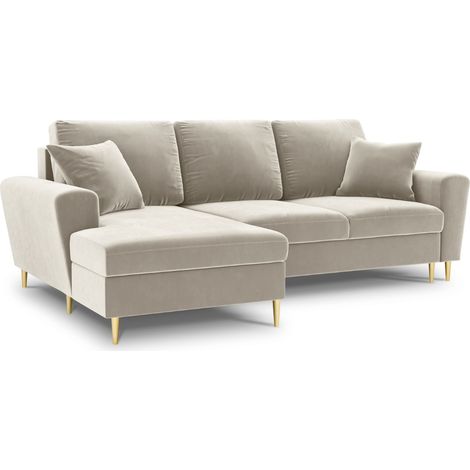 Canapé d'angle convertible + box 4 places en velours beige clair (1/5)