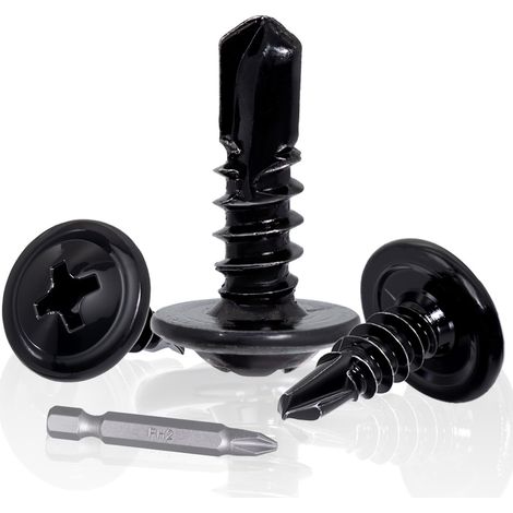 100 Pièces Vis Autoforeuse Métal Noire M4.2x16mm Vis Inox 410 à Tête Plate Large avec Embout PH2 pour Réparation de Meubles Fixation de Quincaillerie et DIY (1/5)