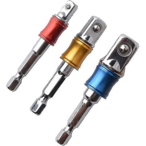 Ensemble de 3 adaptateurs de porte-douilles pour perceuse-visseuse, rallonge colorée, tige hexagonale, tournevis de perçage haute vitesse 1/4" - 65 mm, 3/8" - 65 mm et 1/4". (1/3)