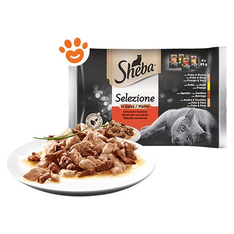 Sheba Cat Selezione Gustosa In Salsa Pollo & Manzo, Pollo, Agnello, Anatra & Tacchino - Confezione 4x85 Gr -