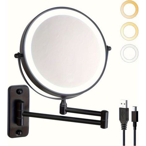 Miroir de maquillage double face éclairé, miroir de salle de bain mural, convient aux lavabos de chambre et de salon, noir, grossissement 1x5x. (1/5)