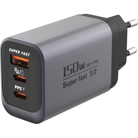 Chargeur mural 150W multi-protocoles (1 USB-A + 2 USB-C PD), prise EU gris pistolet, charge rapide (1/5)