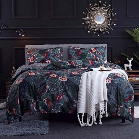 Housse de Couette 200x200 Bleu Nuit - Parure de Lit Motif Fleurie Rose avec Fermeture Éclair - Linge de Lit Réversible 2 Personnes Adulte avec 2 Taies d'oreiller 50x75 cm (1/4)