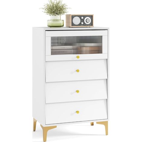 Costway – Commode avec porte en verre strié – 3 tiroirs coulissants – Pieds métalliques dorés – Kit anti-basculement – Dimensions 60x40x95,5cm