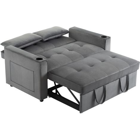 Sofá cama plegable de 2 plazas en terciopelo gris con portavasos y cojines (1/5)
