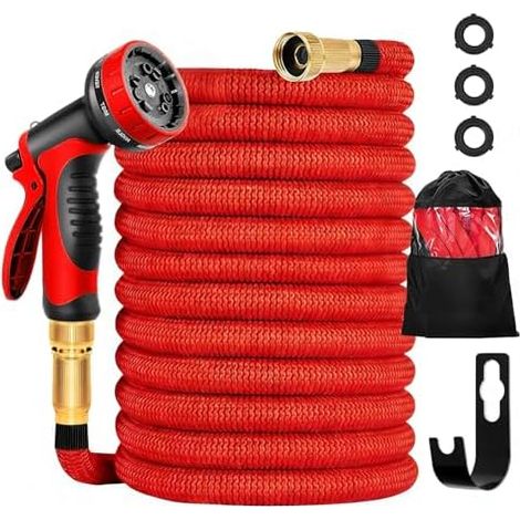 Tuyau Arrosage Extensible 15m avec Pistolet 10-en-1 d‘Arrosage Souple et Anti-nœuds, Raccords Universels en Laiton 1/2“ & 3/4“ Pour du Jardin, Lavage Auto Tous Rouge - (1/5)