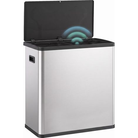 Poubelle de cuisine automatique - HOMCOM - 60 L - double compartiment - capteur de mouvement - acier inoxydable - argent