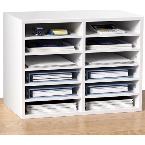 Organisateur de Bureau en Bois 52x30,5x41 cm Blanc Trieur de Documents à 12 Compartiments Corbeille à Courrier Panneau Aggloméré Étagère Amovible Classeur pour Rangement Fichiers Magazines École (1/4)