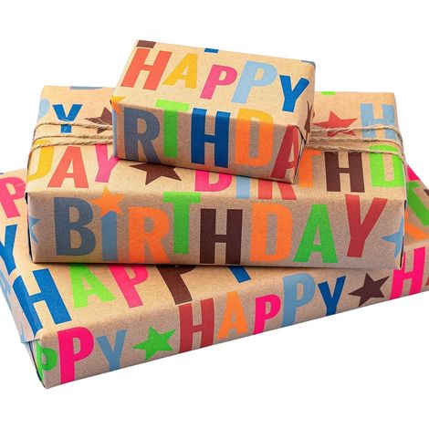 Rouleau de papier cadeau kraft coloré motif Happy Birthday, parfait pour emballer les cadeaux d'anniversaire et de fête, 17 pouces x 33 pieds