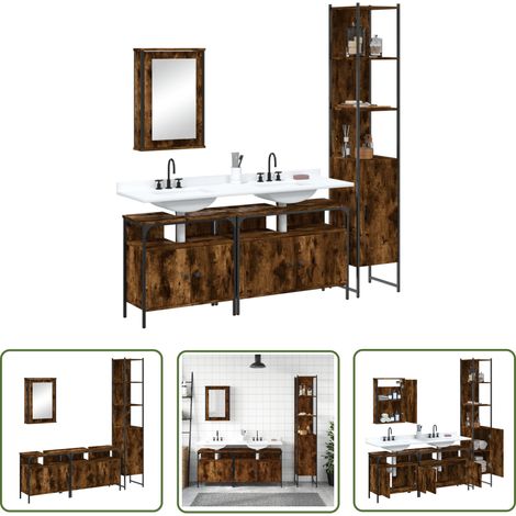 The Living Store 4-tlg. Badmöbel-Set Räuchereiche Holzwerkstoff - Badezimmermöbel - Badmöbel-Set - Holzwerkstoff - Rauchfarbe - Spiegelschrank (1/5)