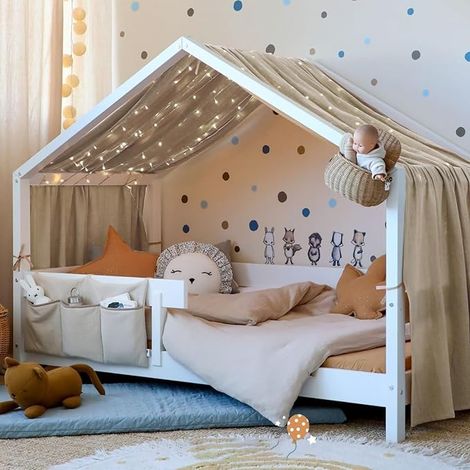 Ciel de Lit pour Maison Décoration Chambre d'enfant Coton Muslin Biologique 135 x 360 cm Montessori Beige Gris (1/5)