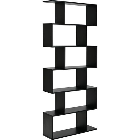 Étagère 6 niveaux en S noire en bois avec compartiments ouverts et fixation murale anti-basculement pour salon, chambre et bureau (1/5)