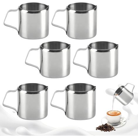 Lot de 6 pots à lait en acier inoxydable de 90 ml, mini pots à mousse de lait de 3 oz, petit pot à expresso, pot à mousse de lait, petits pichets pour crème à café, cappuccino latte (1/5)