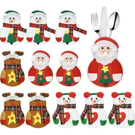 Funda Para Cubiertos Navideña - Tejido No Tejido - Diseño Con Papa Noel Muñeco De Nieve Y Reno - 12 Unidades (1/5)