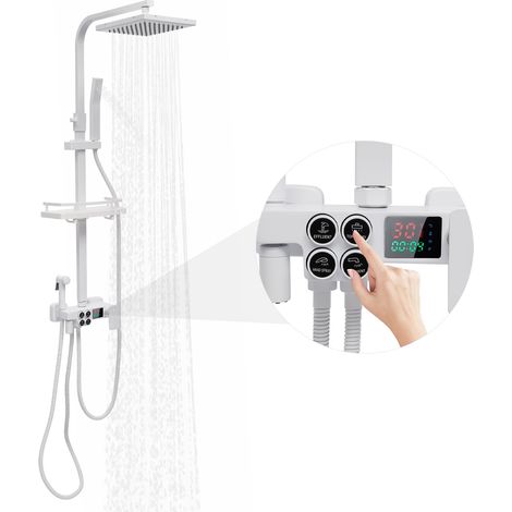 Colonne de Douche avec Affichage Numérique LED, Système de douche à effet pluie avec douchette à main, Quatre modes de jet, Hauteur Réglable 70-115 cm (Blanc) (1/5)