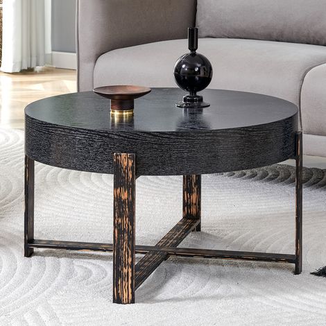 Mesa de centro redonda 68 cm negra con tablero de MDF, estructura metálica, estilo moderno DESVIAE (1/5)