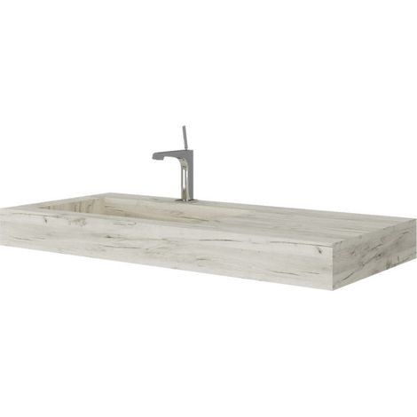 Kiamami Valentina – Lavabo suspendu 100cm avec vasque à gauche – HPL chêne glacé – Résistant à l'humidité et aux produits chimiques – Étagères à droite (1/4)