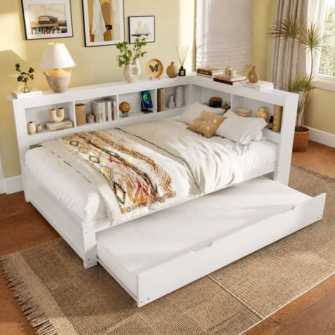 DESMIU Lit banquette 140 × 200 cm 2 places avec lit gigogne, 2 tiroirs, USB et prise, sans matelas, blanc (1/5)