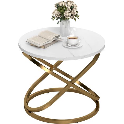 Table basse ronde style industriel en métal Doré et Plateau Effet Marbre - dim. Ø 60 x 46H cm idéal pour salon, chambre à coucher ou bureau avec structure en métal robuste et stable
