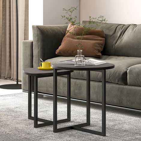 Ensemble de 2 tables basses rondes – Tables d'appoint en bois au design industriel pour salon, table basse moderne (1/5)