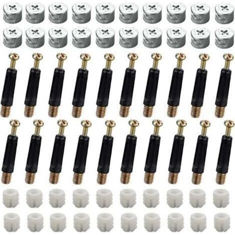 40 jeux (120 pièces) de connecteurs pour meubles, connecteurs pour armoires, kit de fixation M15, vis excentriques, cames et boulons, bouchons de fixation, écrous avant M6 x 40 mm pour armoire/commode (1/4)
